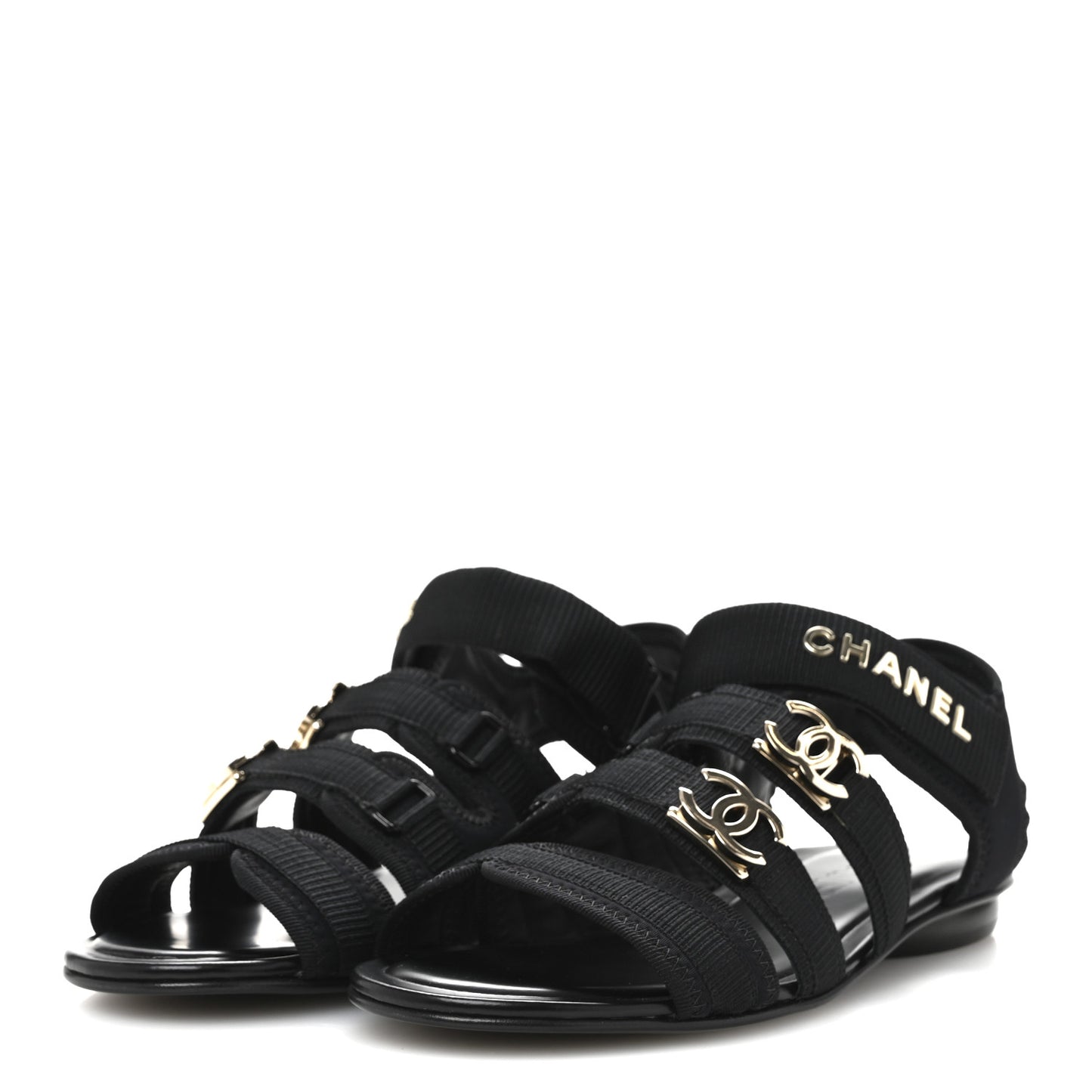 Fabric Metal CC Logo Flat Sandals 36.5 Black