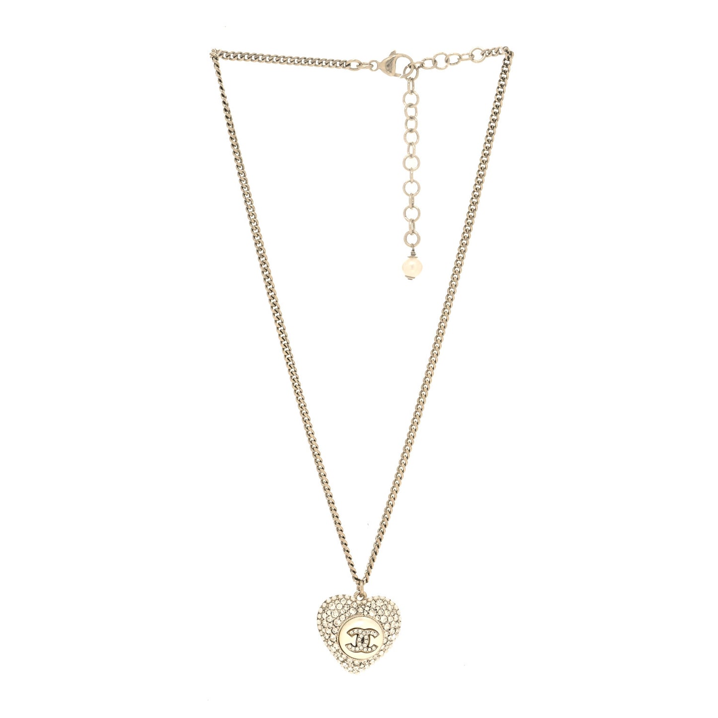 Crystal Pearl CC Heart Necklace Gold