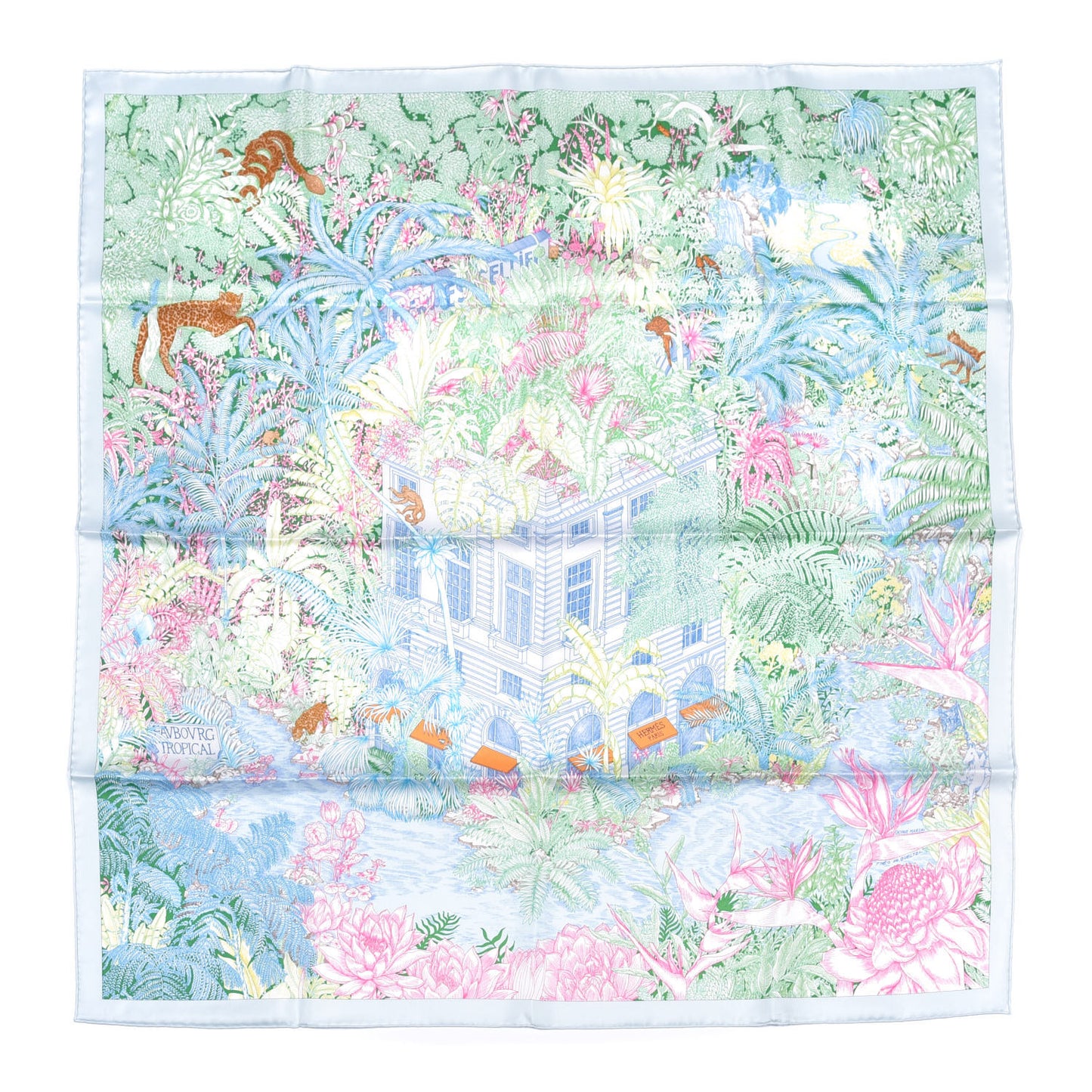 Silk Twill Faubourg Tropical Scarf 90 Bleu Vert Jaune