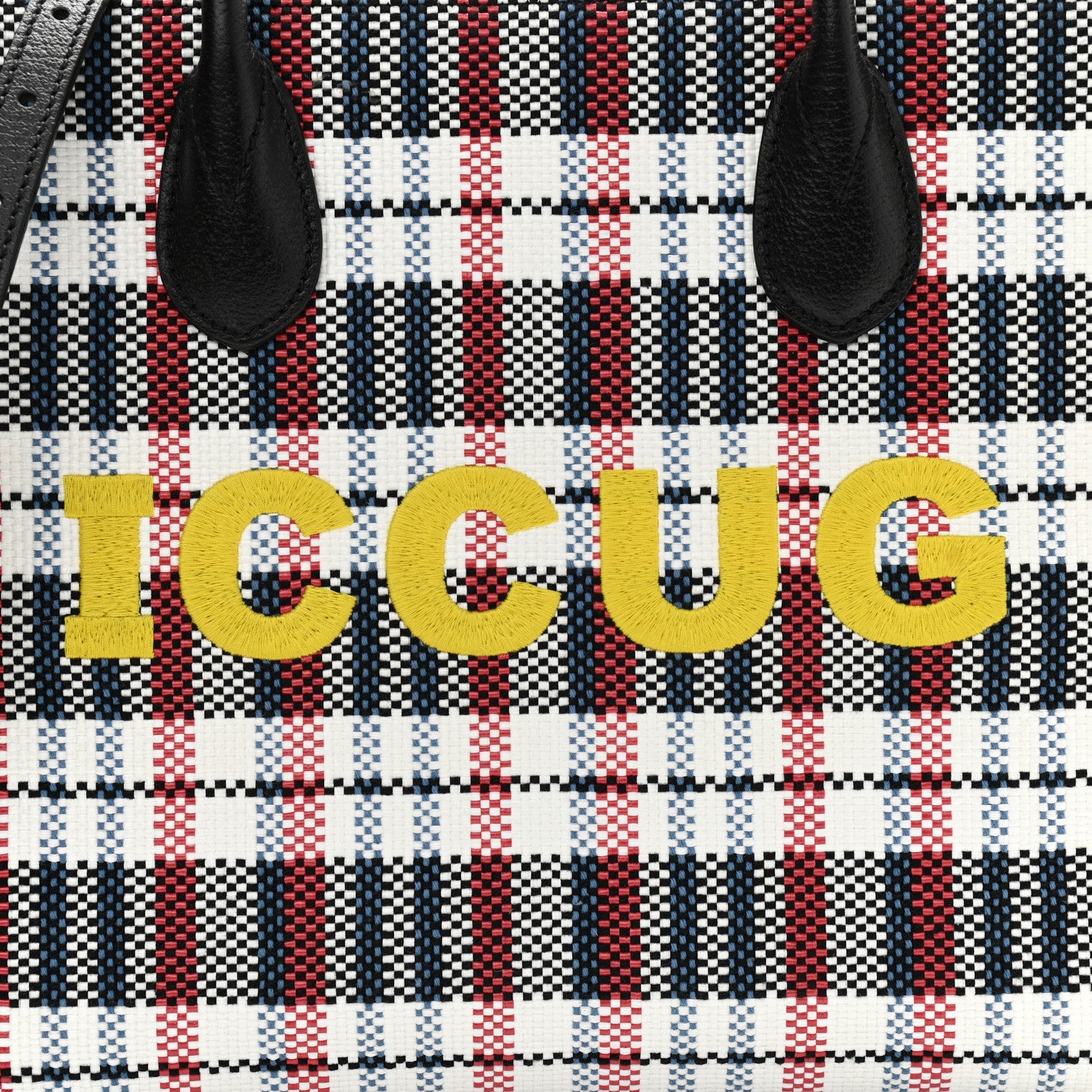 Gucci Canvas Plaid ICCUG Embroidered Small Tote Bag Black White Red Blue Smile Yellow 8 of 10
