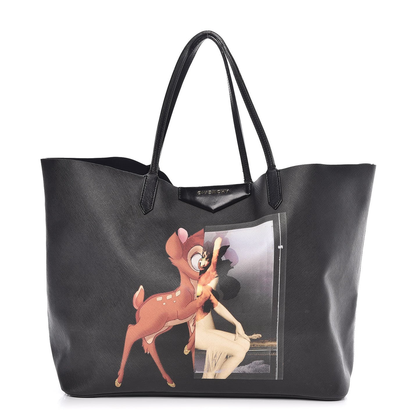 Textured Coated Canvas Bambi Print Large Antigona Tote Black