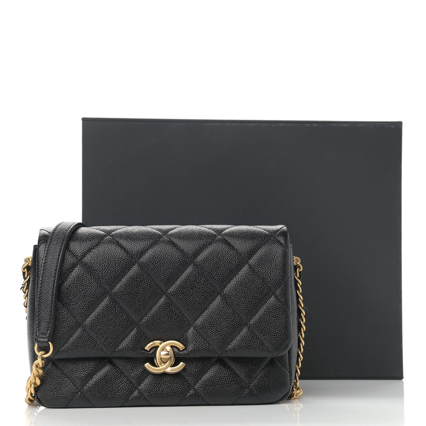 Shiny Caviar Quilted Small Chain Melody Flap Black