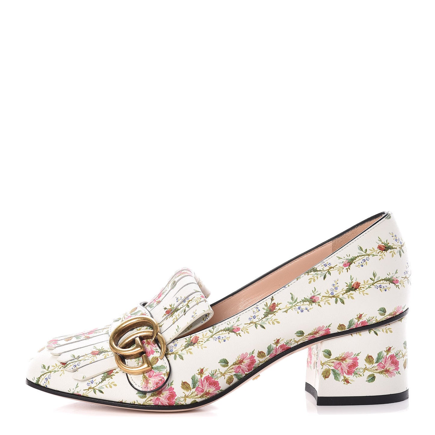 Calfskin Rose Print GG Marmont Fringe 50mm Loafer Pumps 36 Multicolor