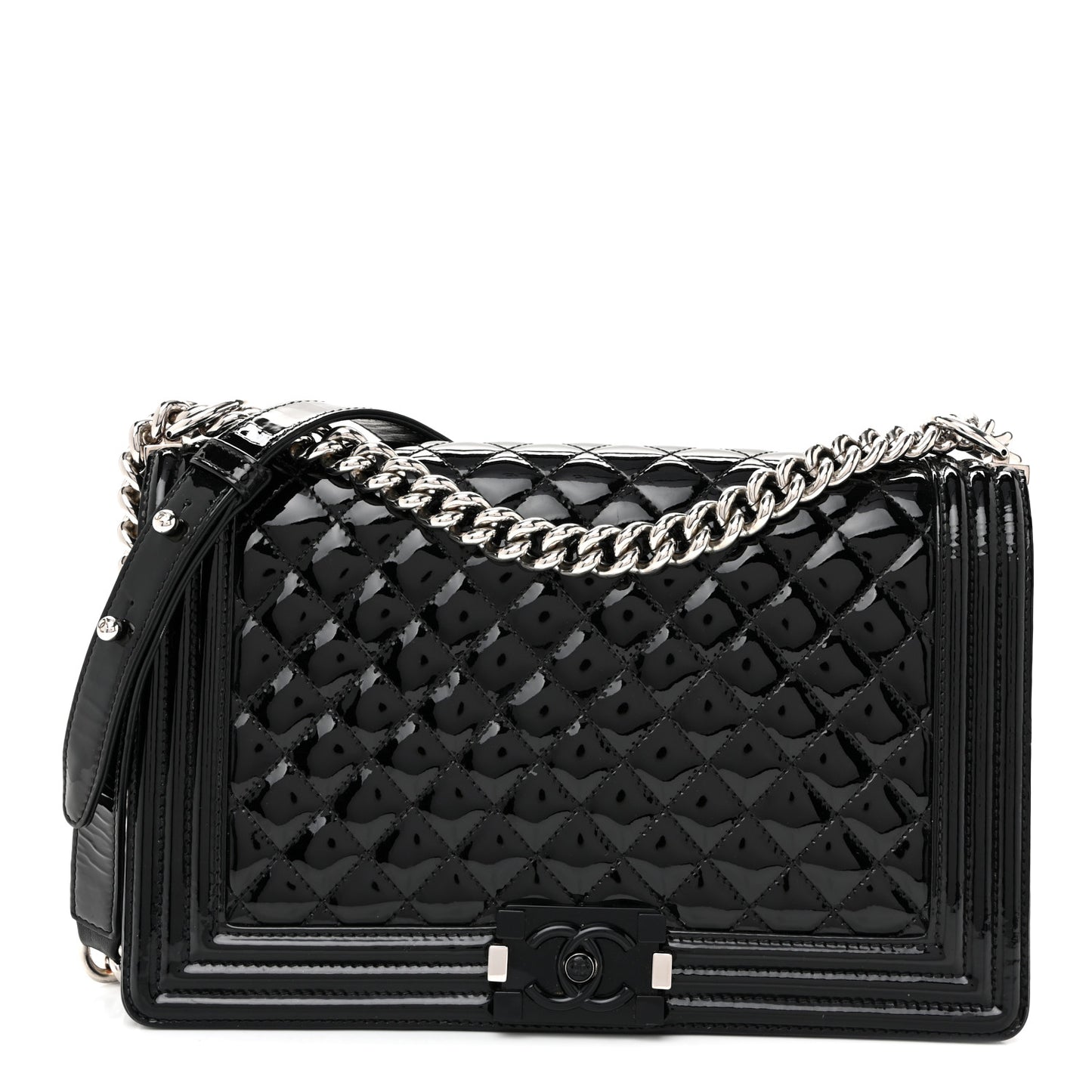 Patent Calfskin Quilted New Medium Plexiglass Boy Flap Black