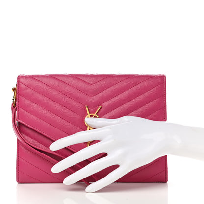 Saint Laurent Grain De Poudre Matelasse Chevron Monogram Envelope Clutch Fuxia Couture 3 of 8