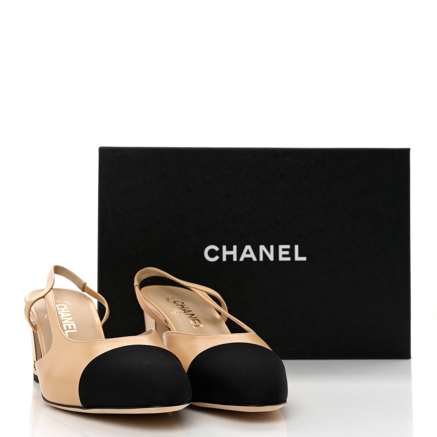 Chanel Goatskin Grosgrain Cap Toe CC Slingback Pumps 41 Beige Black 12 of 12