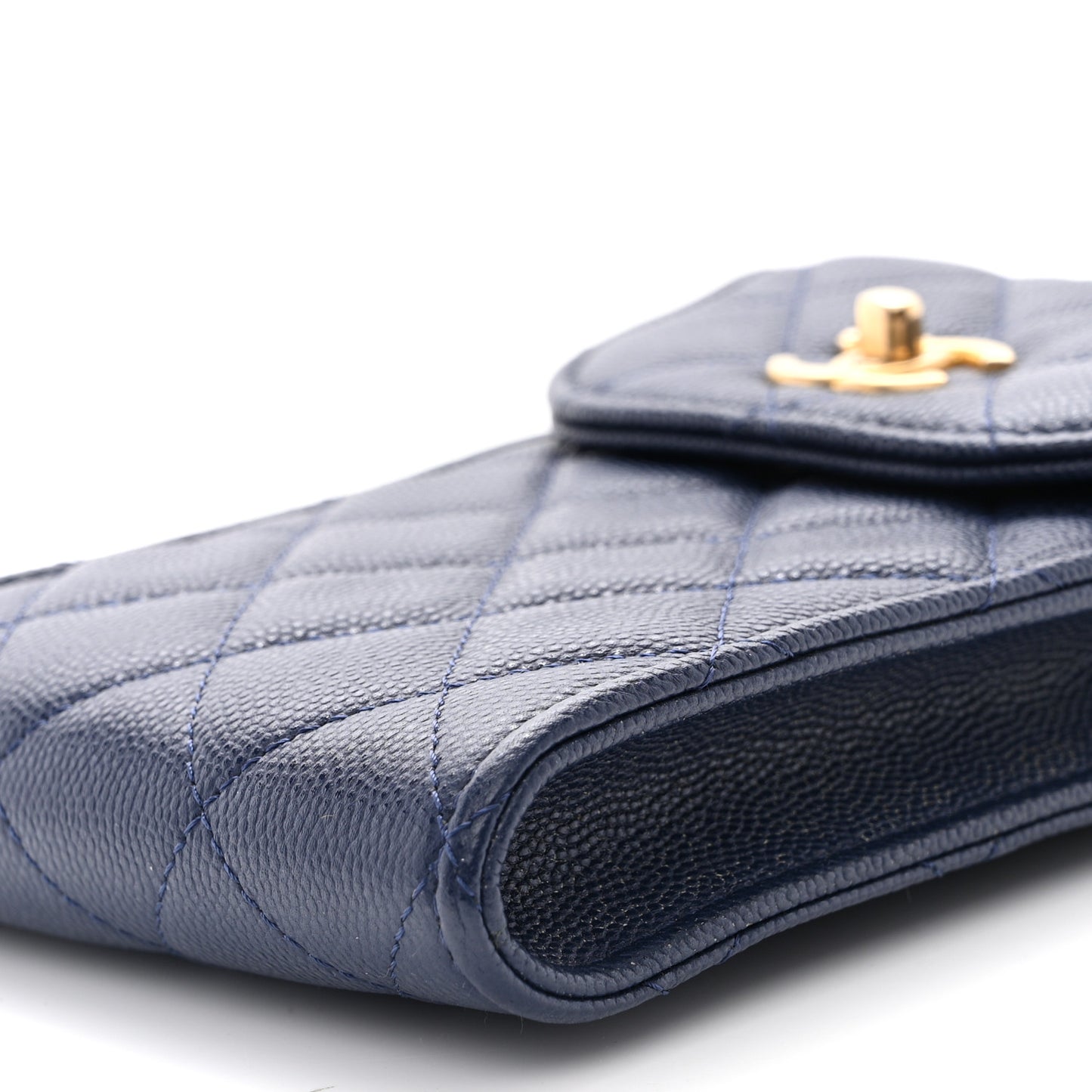 Caviar Quilted Chain Handle Round Phone Holder Dark Blue