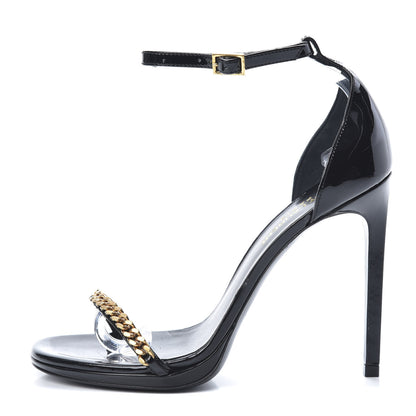 Saint Laurent Patent Calfskin Chain Jane 110 Ankle Strap Sandals 37 Black 1 of 8