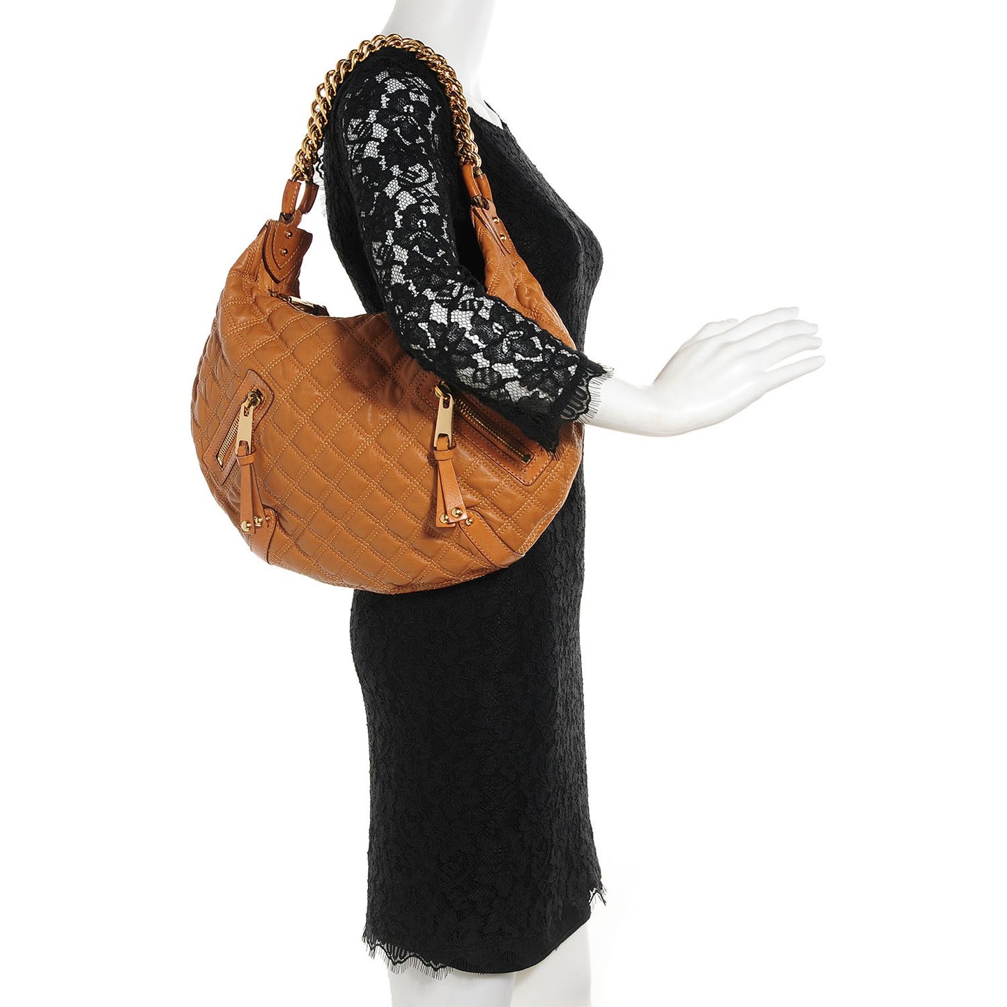 Leather Quilted Banana Chain Hobo Camel