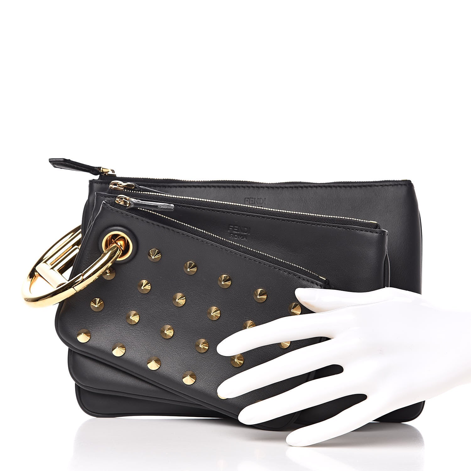 Fendi Calfskin F is Fendi Studded Triplette Pouch Set Black 2 of 9