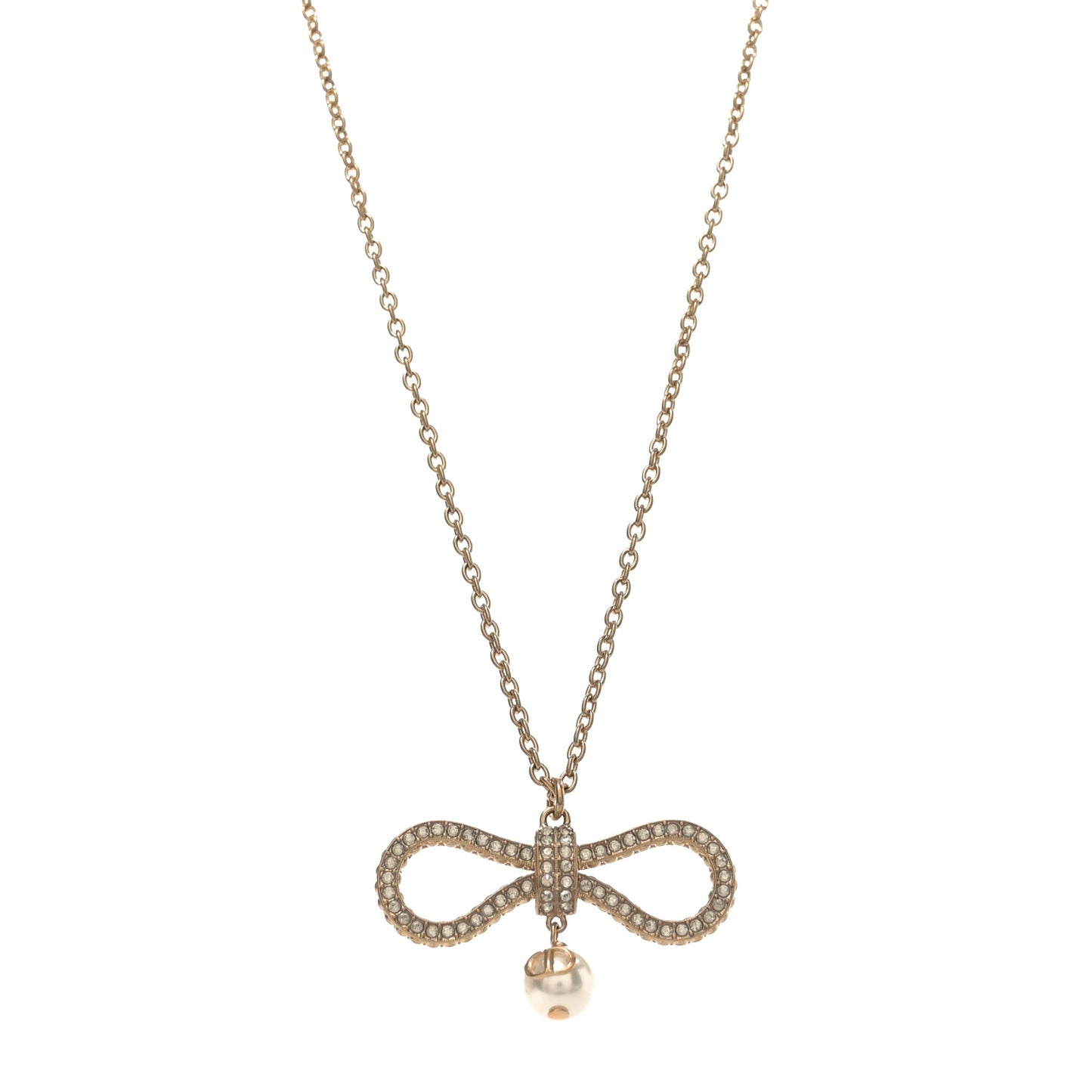 Metal Crystal Pearl CD Bow Necklace Gold