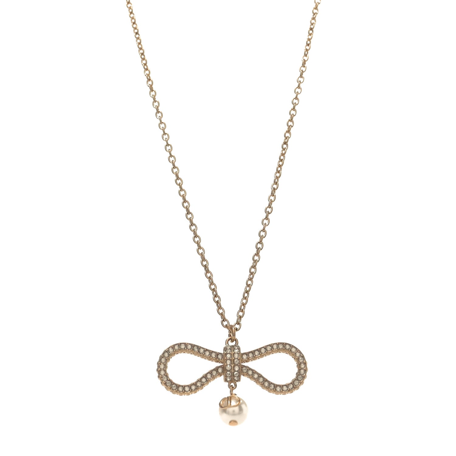 Christian Dior Metal Crystal Pearl CD Bow Necklace Gold 1 of 4