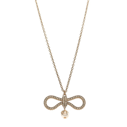Christian Dior Metal Crystal Pearl CD Bow Necklace Gold 1 of 4