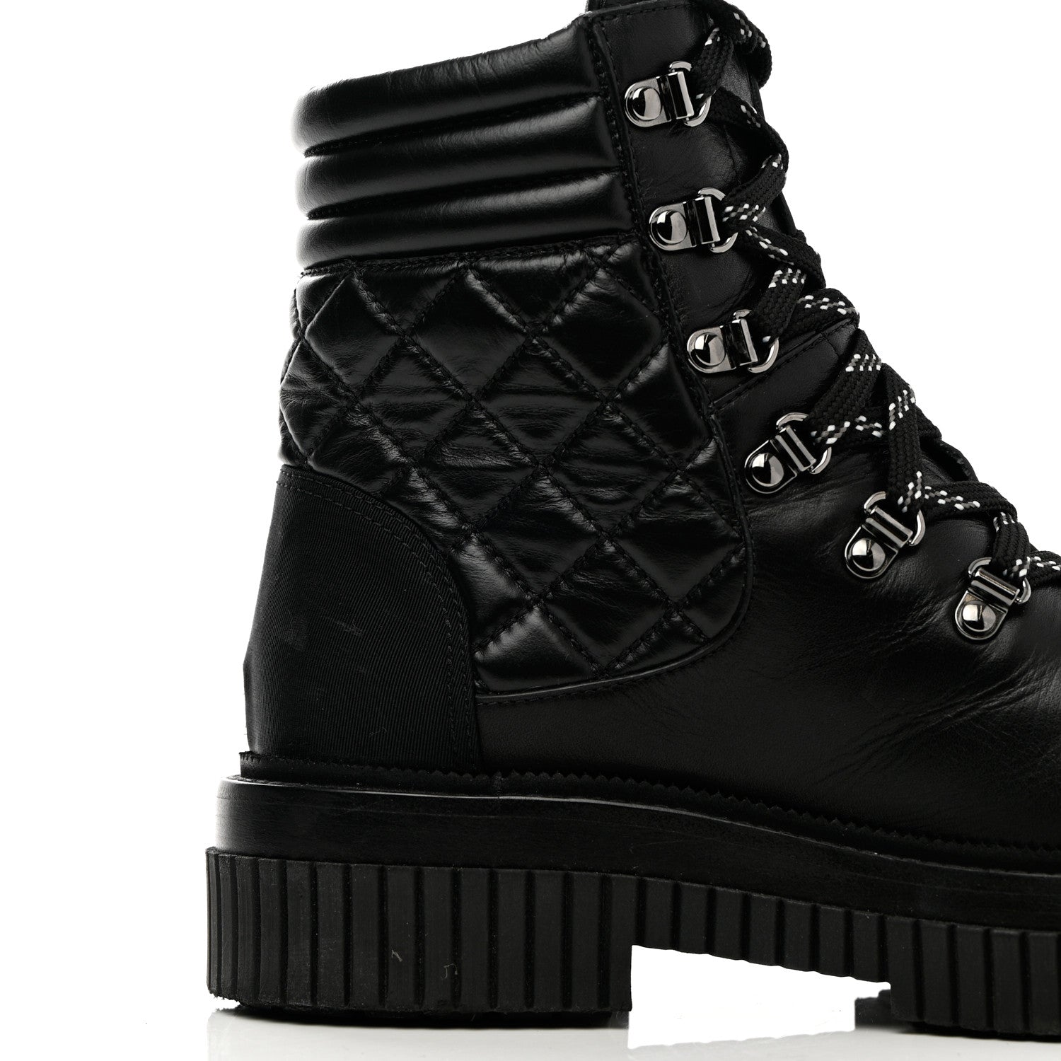Chanel Calfskin Grosgrain Quilted Lace Up Boots 37 Black Grey 10 of 19