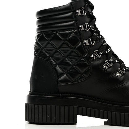 Chanel Calfskin Grosgrain Quilted Lace Up Boots 37 Black Grey 10 of 19