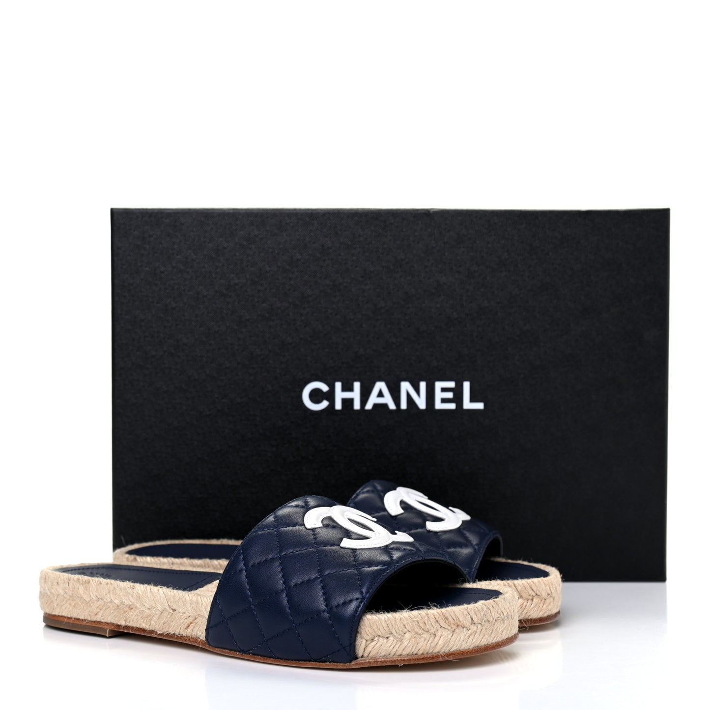 Lambskin Quilted CC Espadrille Slip On Sandals 35 Navy