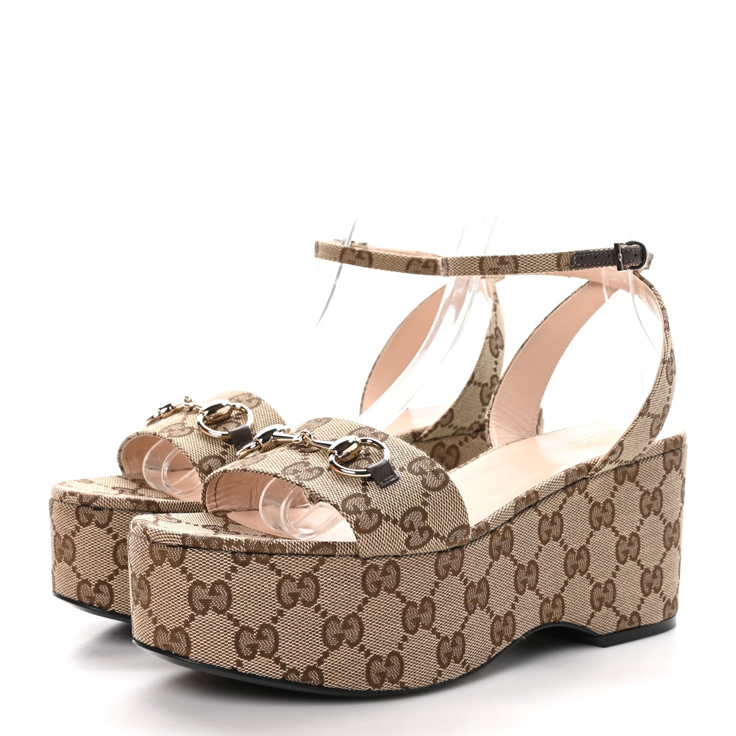 Gucci Monogram Nappa Chalotte Horsebit Ankle Strap 75mm Flatform Sandals 39 Beige Ebony 3 of 8