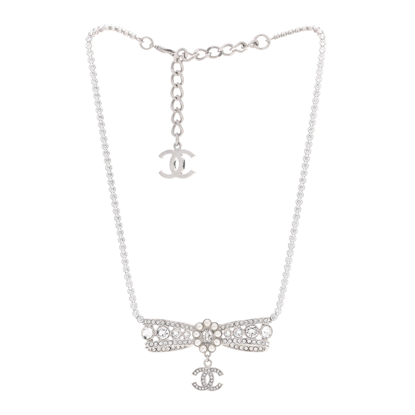 Crystal Pearl CC Bow Drop Necklace Silver