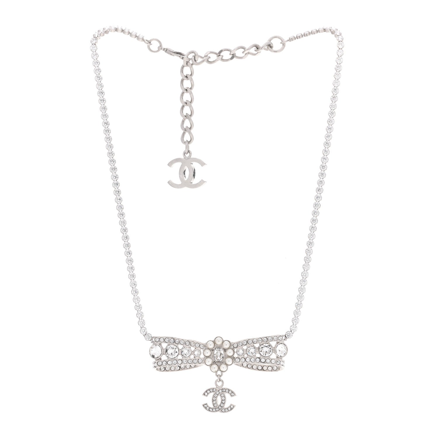 Chanel Crystal Pearl CC Bow Drop Necklace Silver 3 of 6