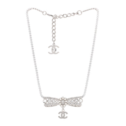 Chanel Crystal Pearl CC Bow Drop Necklace Silver 3 of 6