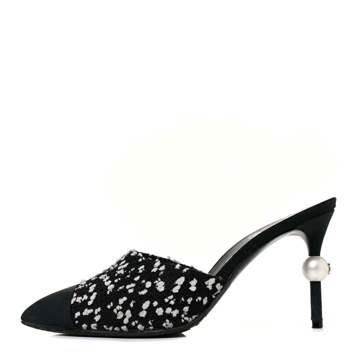 Chanel Tweed Grosgrain Pearl Mules 37 Black White 1 of 10