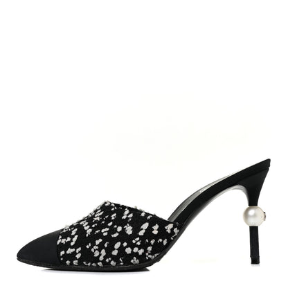 Chanel Tweed Grosgrain Pearl Mules 37 Black White 1 of 10