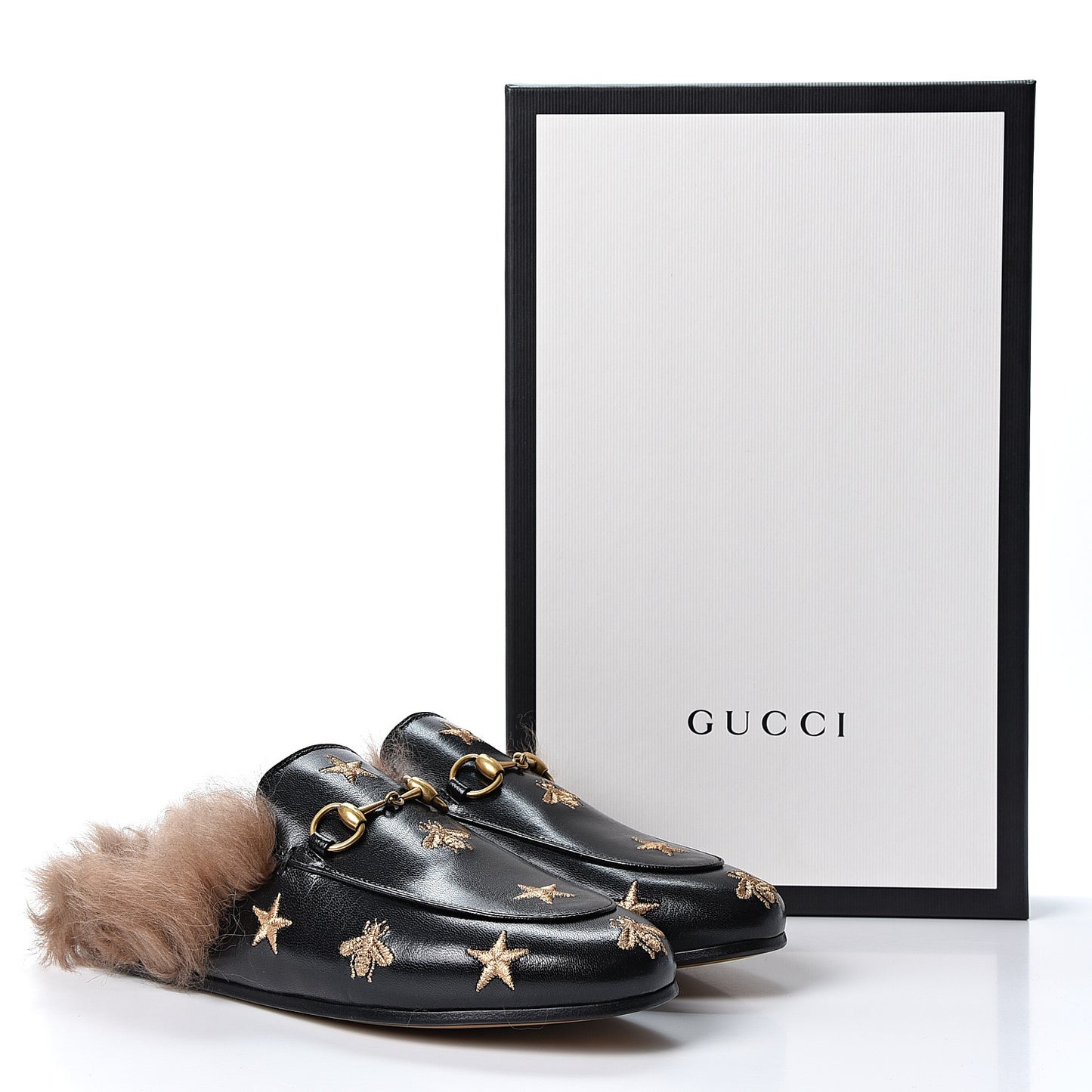Goatskin Fur Bee Star Embroidered Womens Princetown Slippers 36 Black