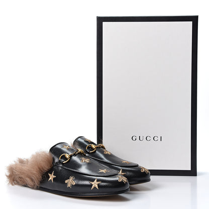 Gucci Goatskin Fur Bee Star Embroidered Womens Princetown Slippers 36 Black 10 of 10