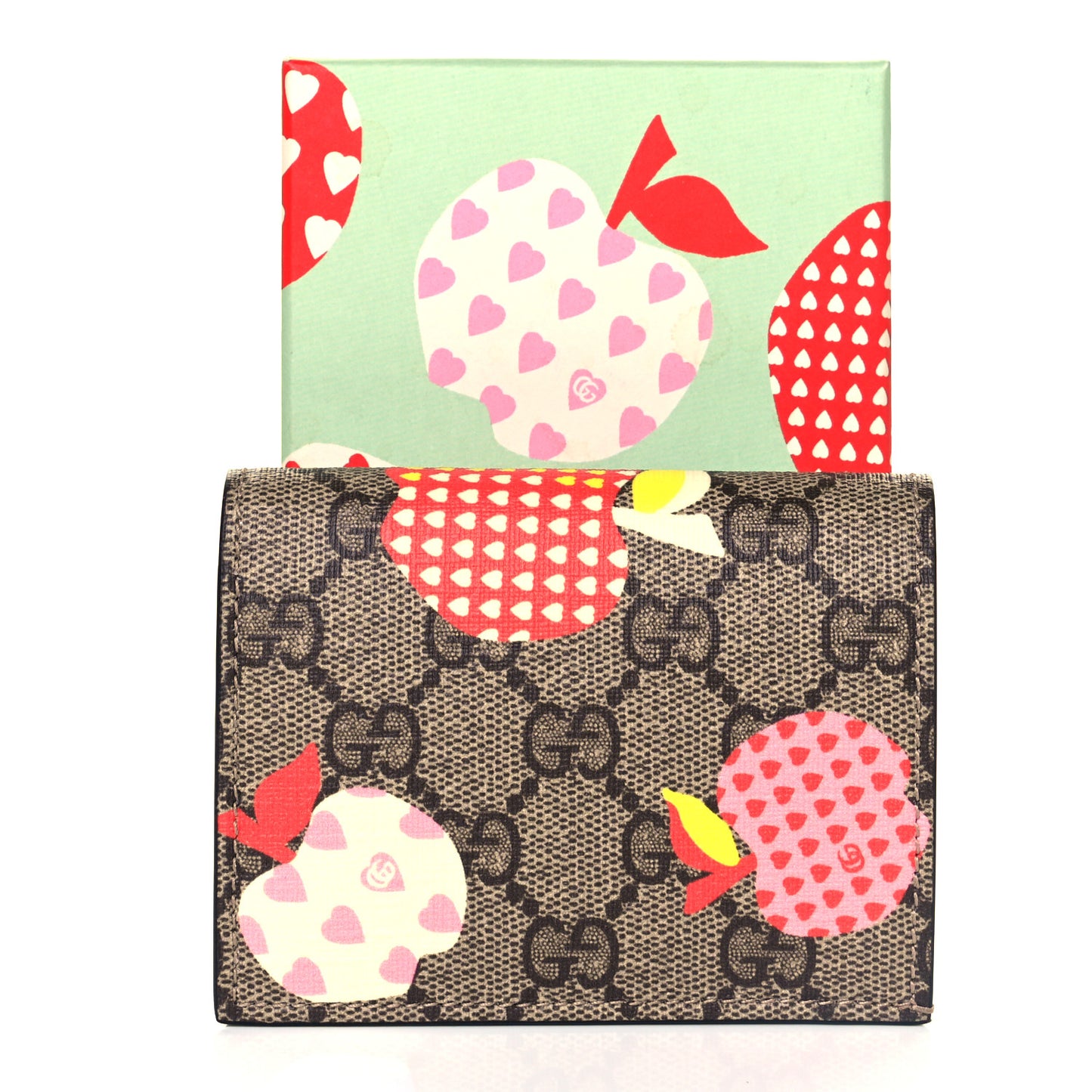 GG Supreme Monogram Les Pommes Card Case Wallet Beige Multicolor Mystic White