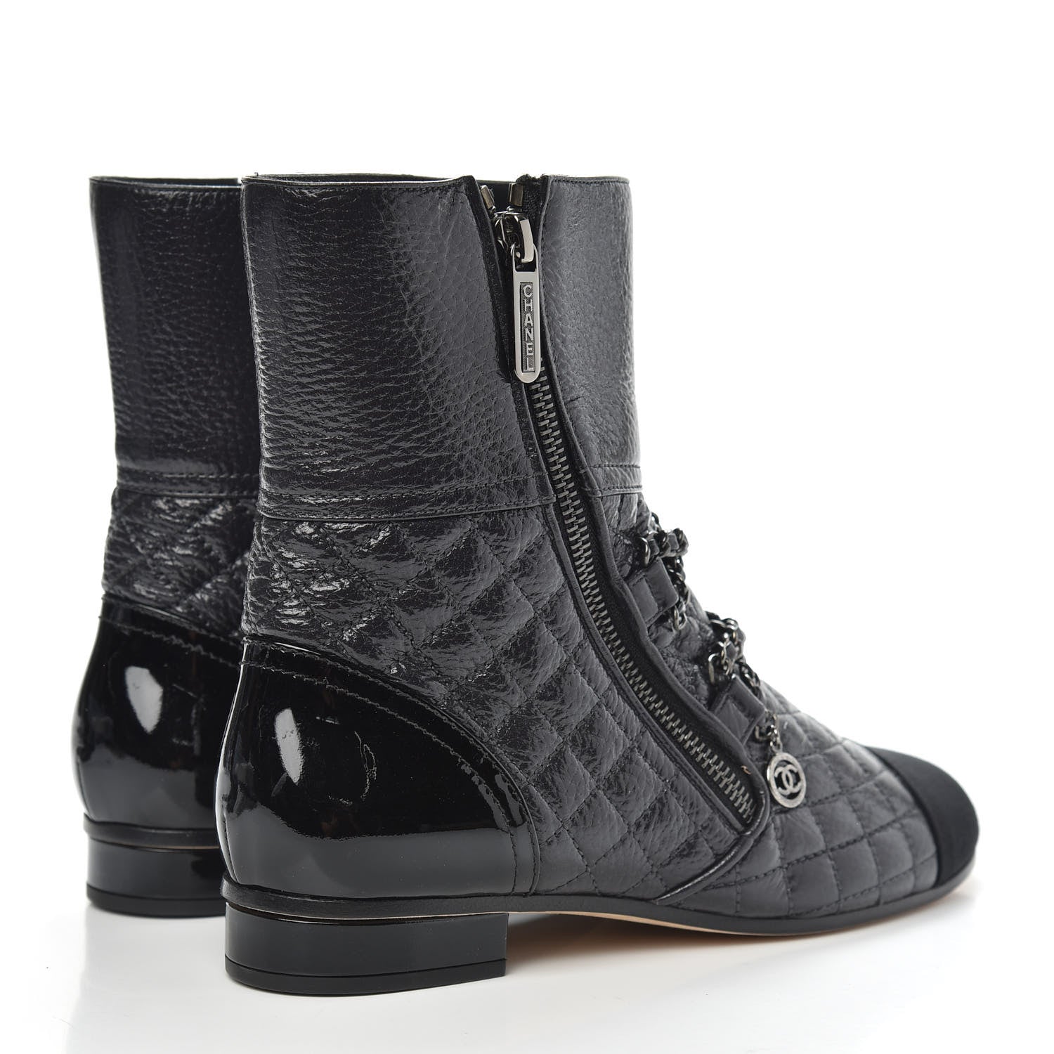 Chanel Calfskin Patent Grosgrain Quilted Cap Toe Chain Boots 37 Black 4 of 8
