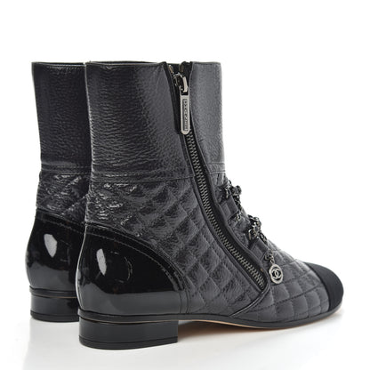 Chanel Calfskin Patent Grosgrain Quilted Cap Toe Chain Boots 37 Black 4 of 8