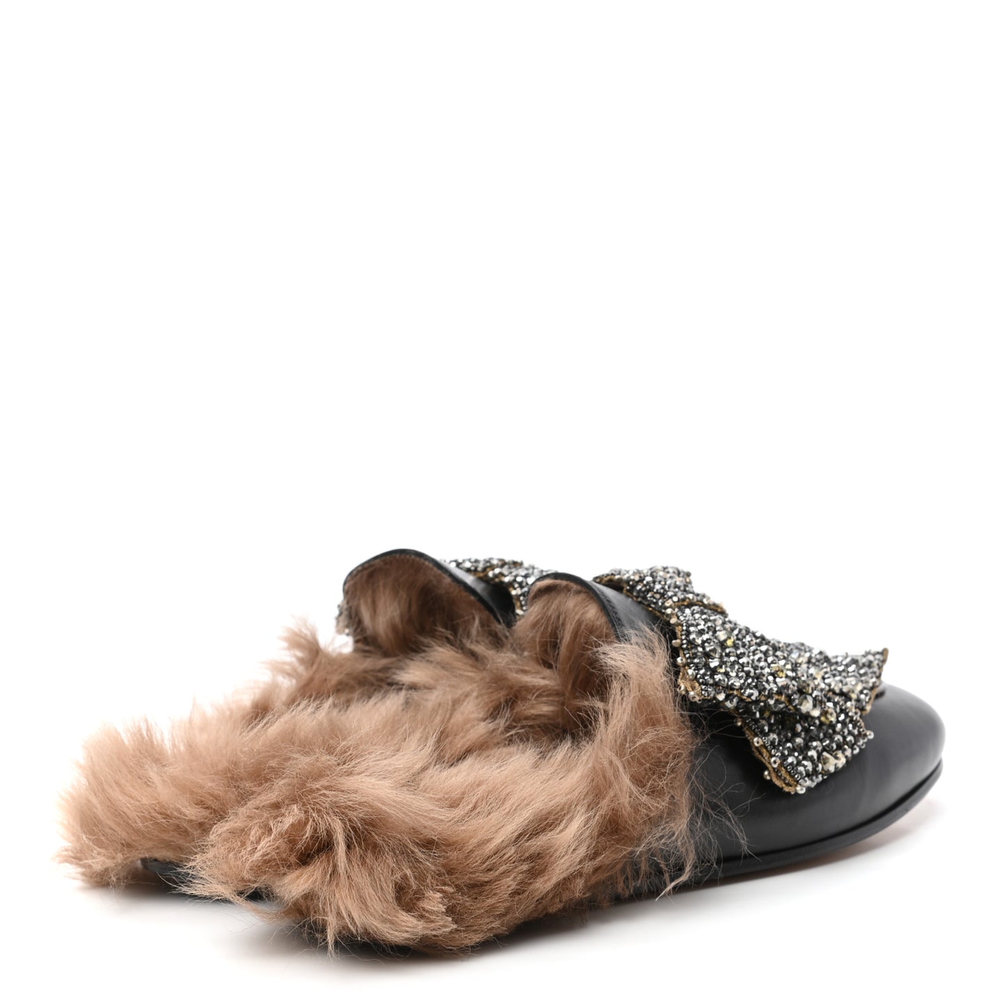 Malaga Kid Fur Crystal Bow Embroidered Womens Princetown Slippers 36.5 Black