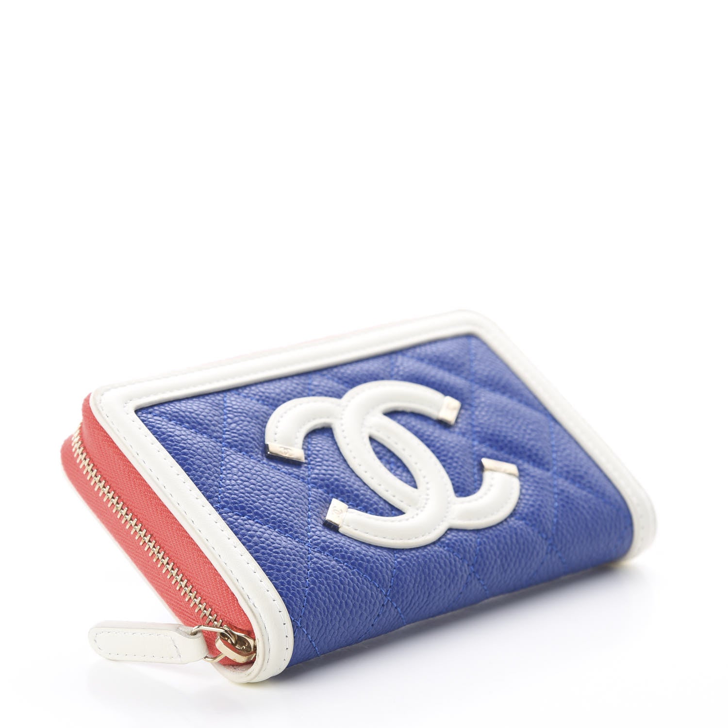 Chanel Caviar Quilted Medium Filigree Zip Around Wallet Blue White Red 3 of 8