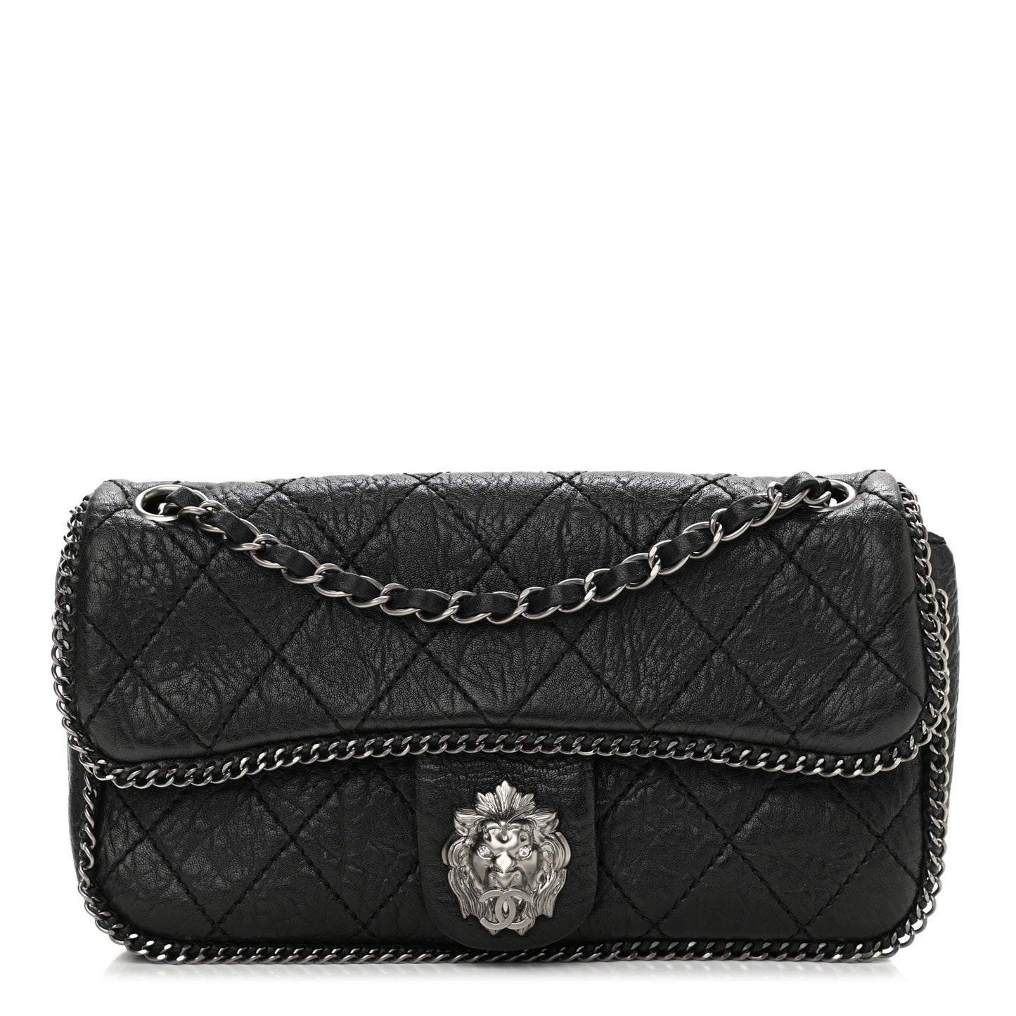 Distressed Lambskin Medium Leo Lion Flap Black