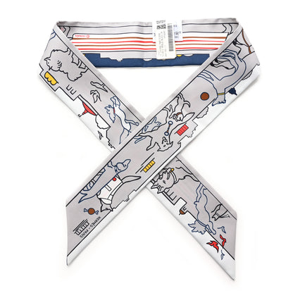 Hermes Silk Les Chiens Parisiens Twilly Gris Perle Bleu Jaune 1 of 4