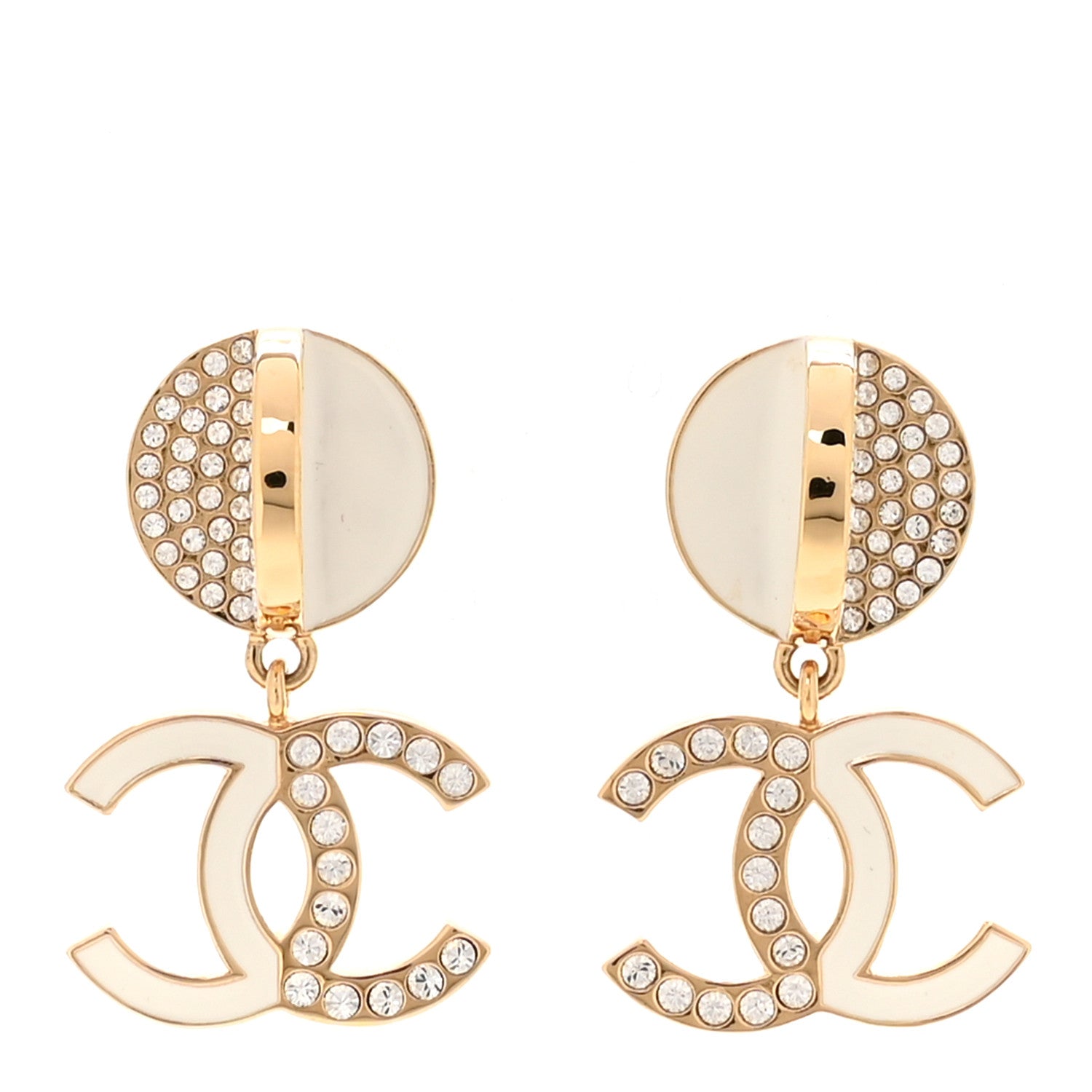Chanel Crystal Resin CC Drop Earrings Gold White 1 of 5