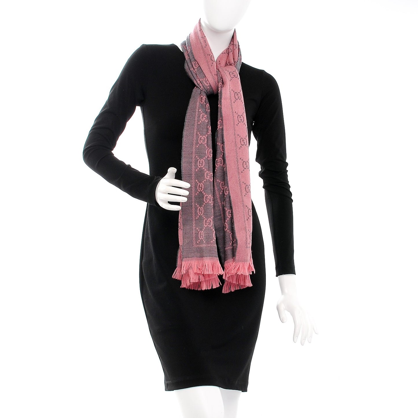 Wool Jacquard GG Monogram Sten Fringe Scarf Graphite Pink