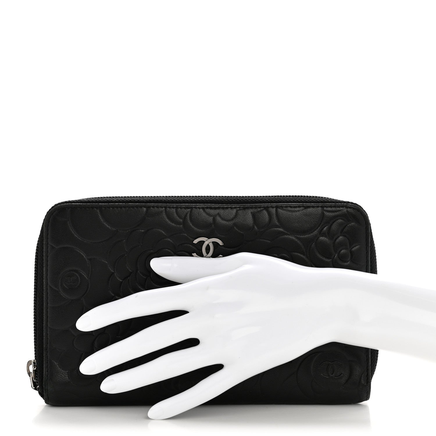 Chanel Lambskin Camellia Embossed Zip Around Organizer Wallet Black 2 of 13