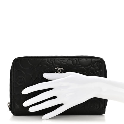 Chanel Lambskin Camellia Embossed Zip Around Organizer Wallet Black 2 of 13