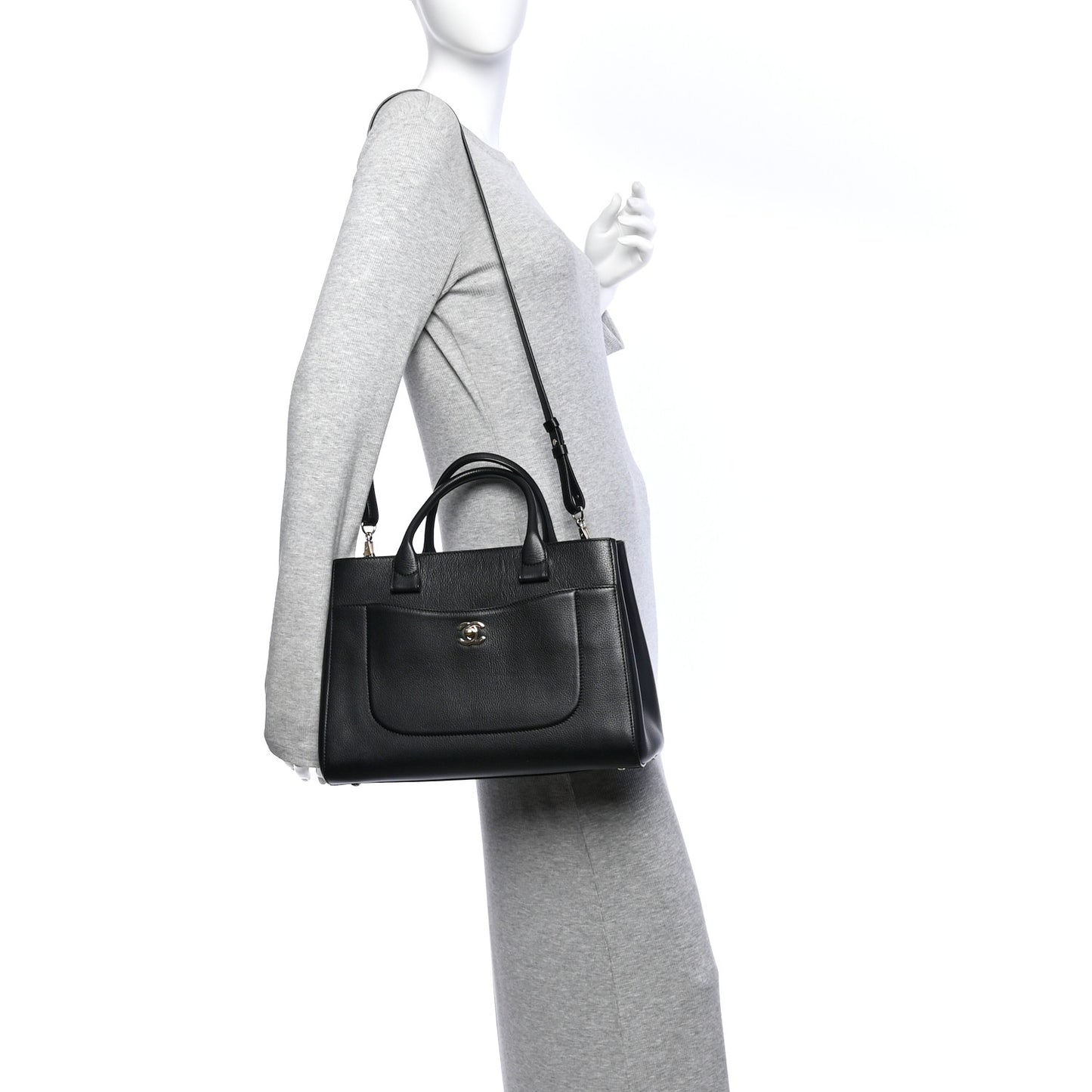 Grained Calfskin Small Neo Executive Shopper Tote Black