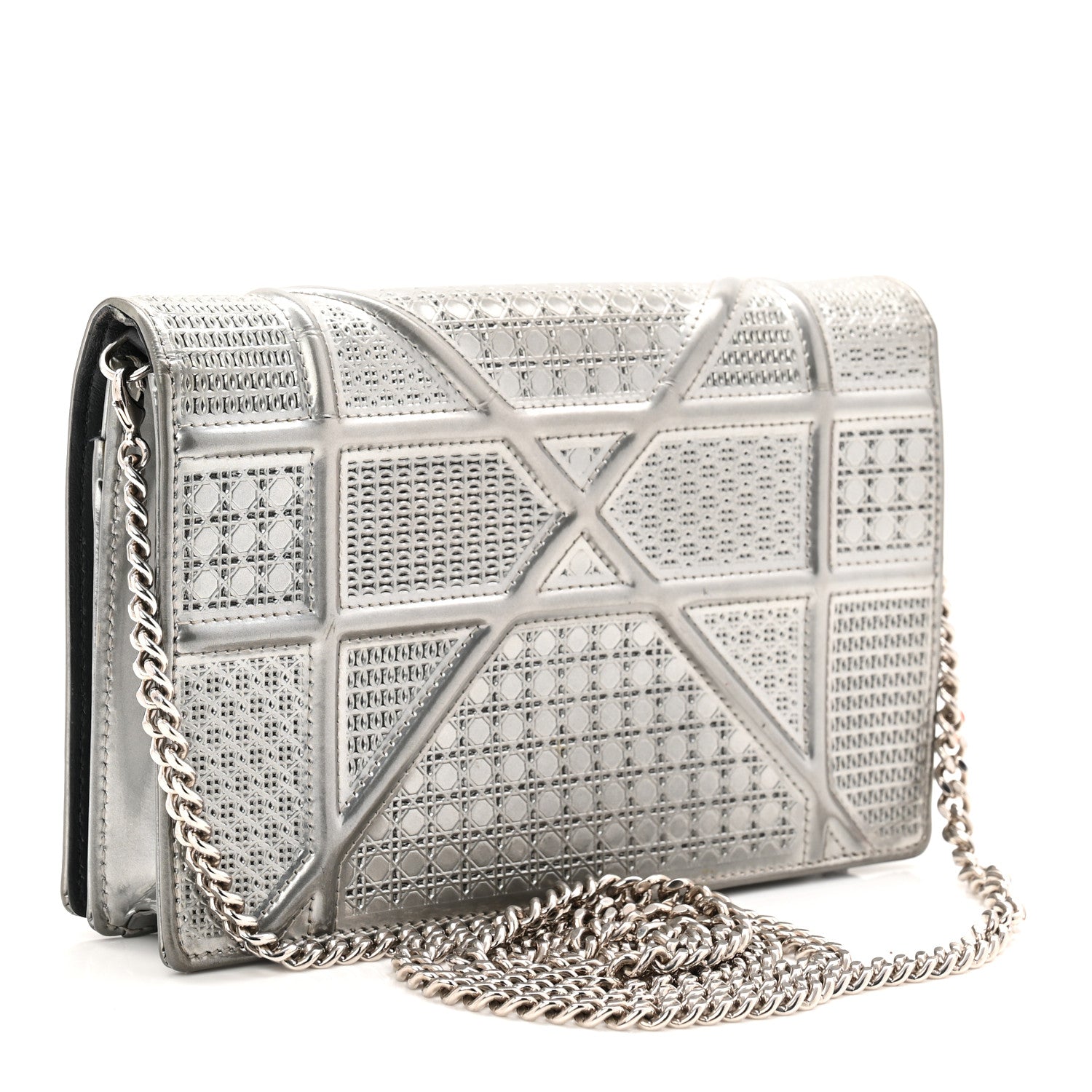 Christian Dior Metallic Patent Micro-Cannage Diorama Wallet on Chain Pouch Silver 3 of 9