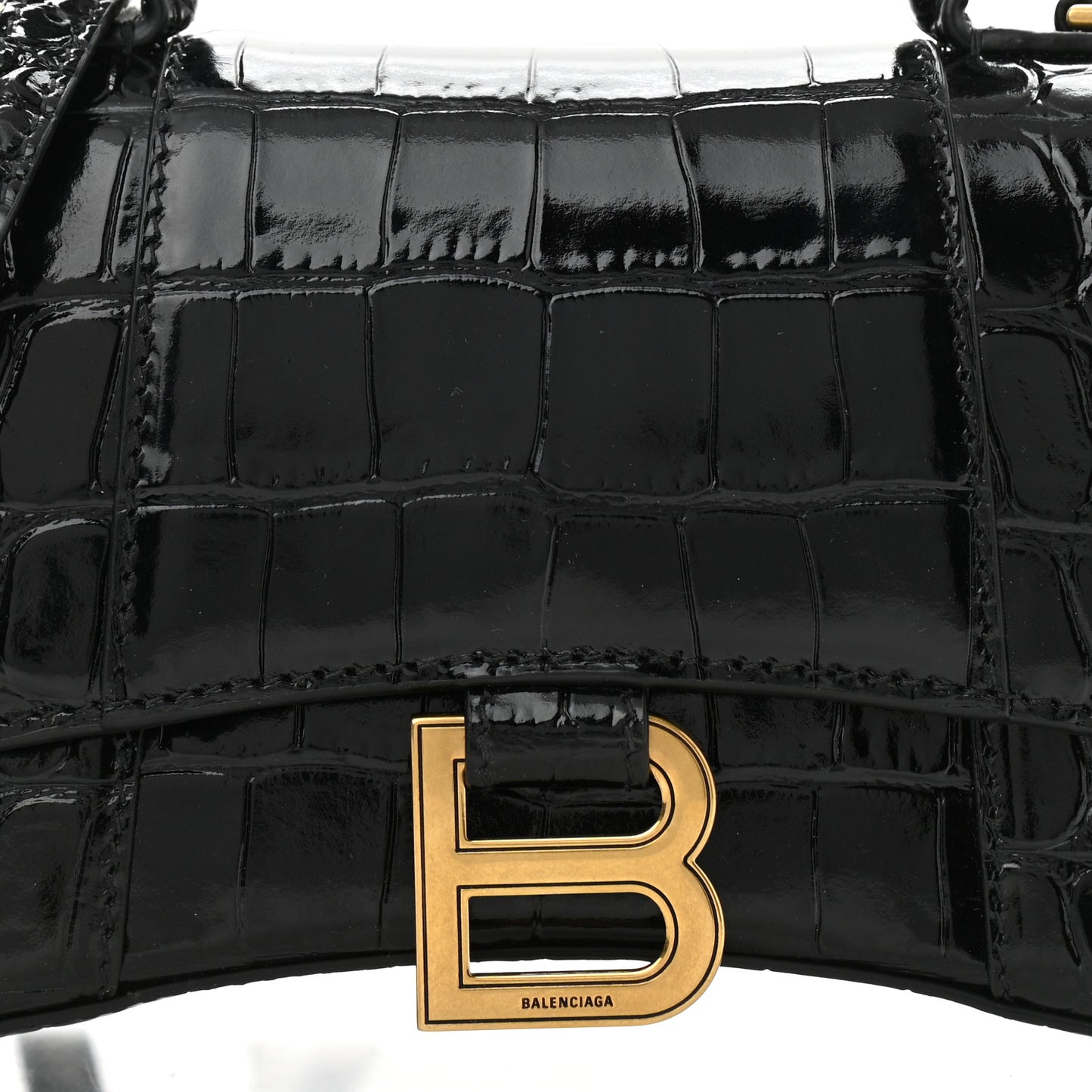 Shiny Calfskin Crocodile Embossed Hourglass Top Handle Bag XS Black