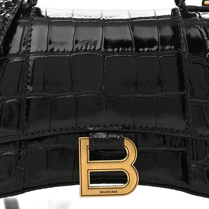 Balenciaga Shiny Calfskin Crocodile Embossed Hourglass Top Handle Bag XS Black 7 of 10