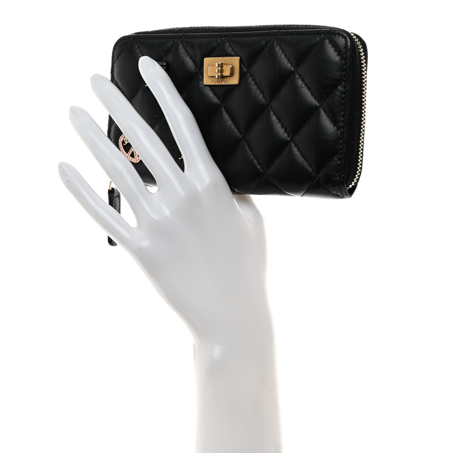 Chanel Aged Calfskin Quilted Small Lucky Charms 2.55 Reissue Zip Around Wallet Black 2 of 9