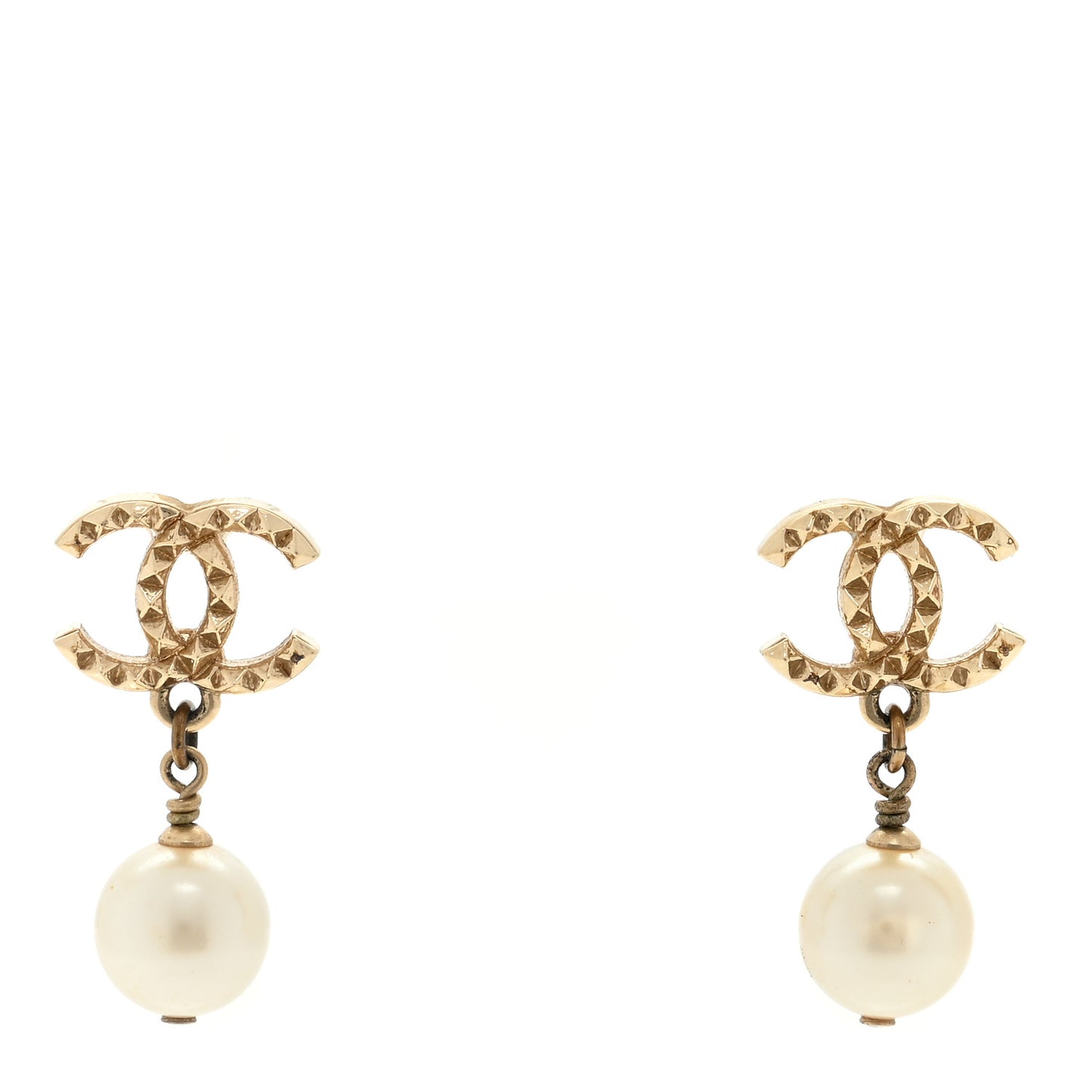 Pearl Studded CC Drop Earrings Gold