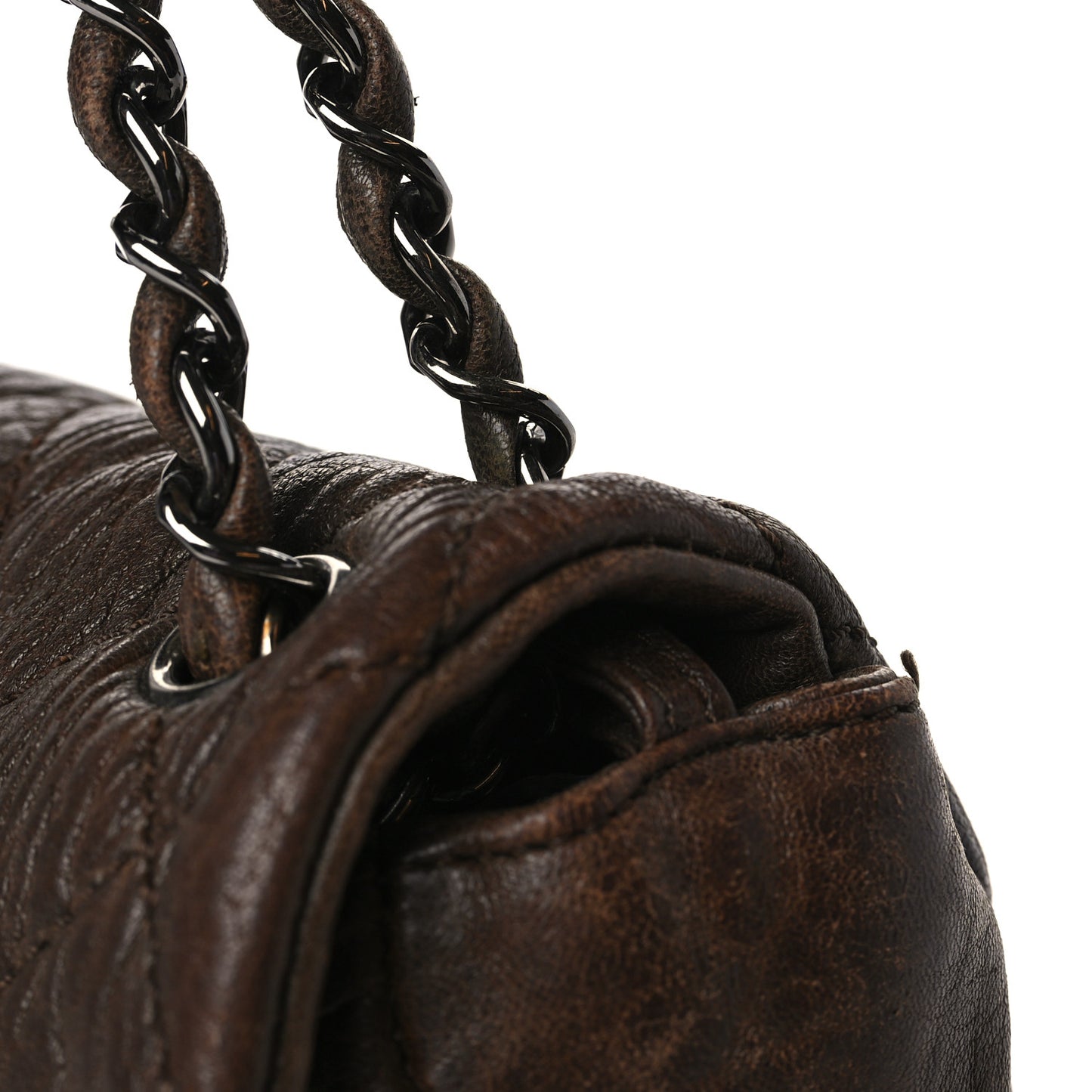 Distressed Lambskin Lady Braid Flap Brown