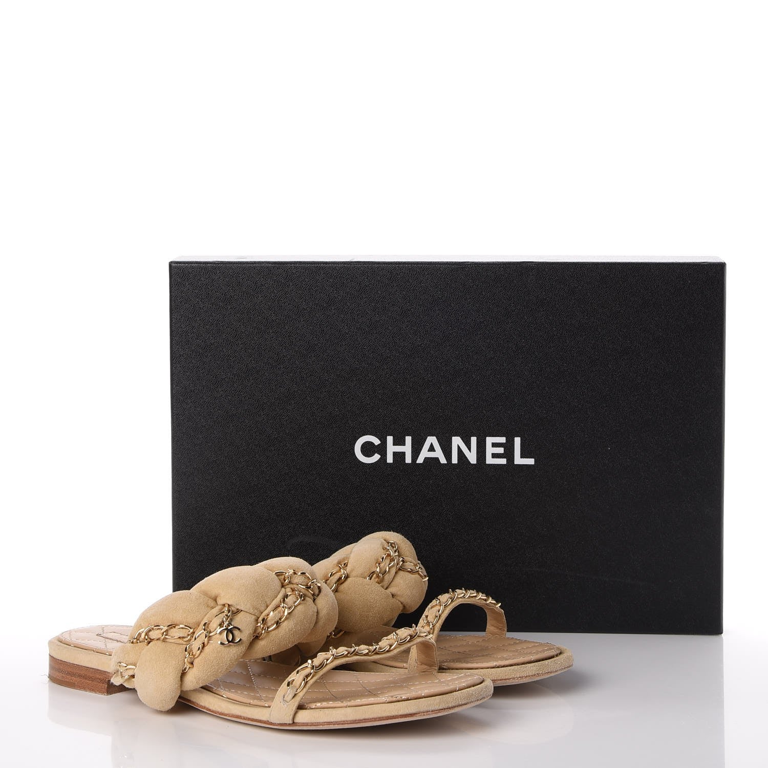 Chanel Kid Suede Braided Chain CC Slide Flat Sandals 38 Beige 18 of 18