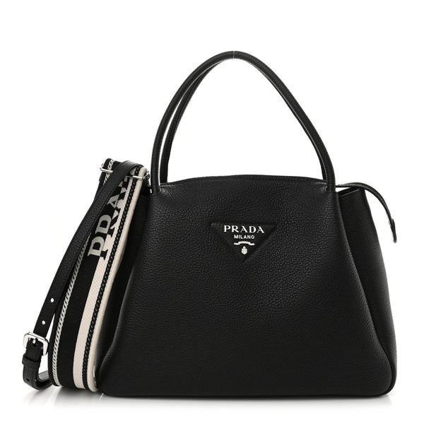 Prada Vitello Daino Soft Medium Zippered Top Handle Bag Black