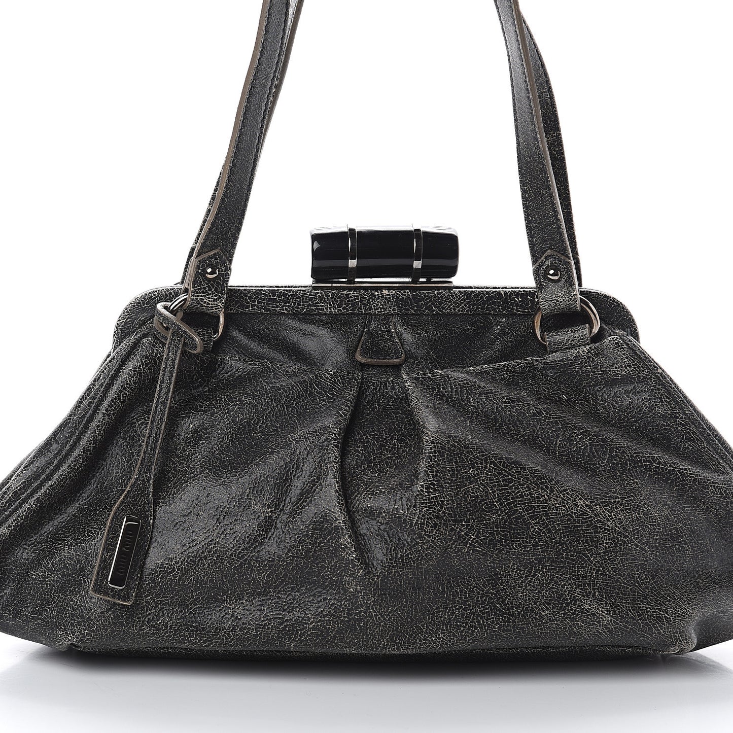 Calfskin Craquele Frame Shoulder Bag Black