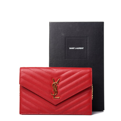 Saint Laurent Grain De Poudre Matelasse Chevron Monogram Envelope Chain Wallet New Red 10 of 10